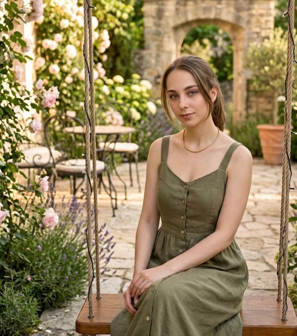 Mila sitting in a quiet garden